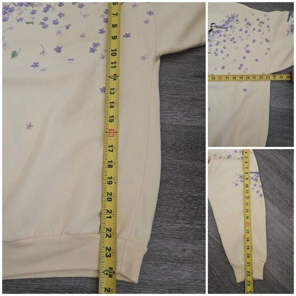 Vintage 90s Floral birds botanical Pullover Sweater Pale yellow size large - Picture 7 of 12